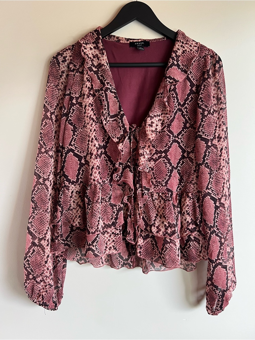 Haver London Snake Print Blouse Size Small Pink Black Ruffle Tie Front Boho Top